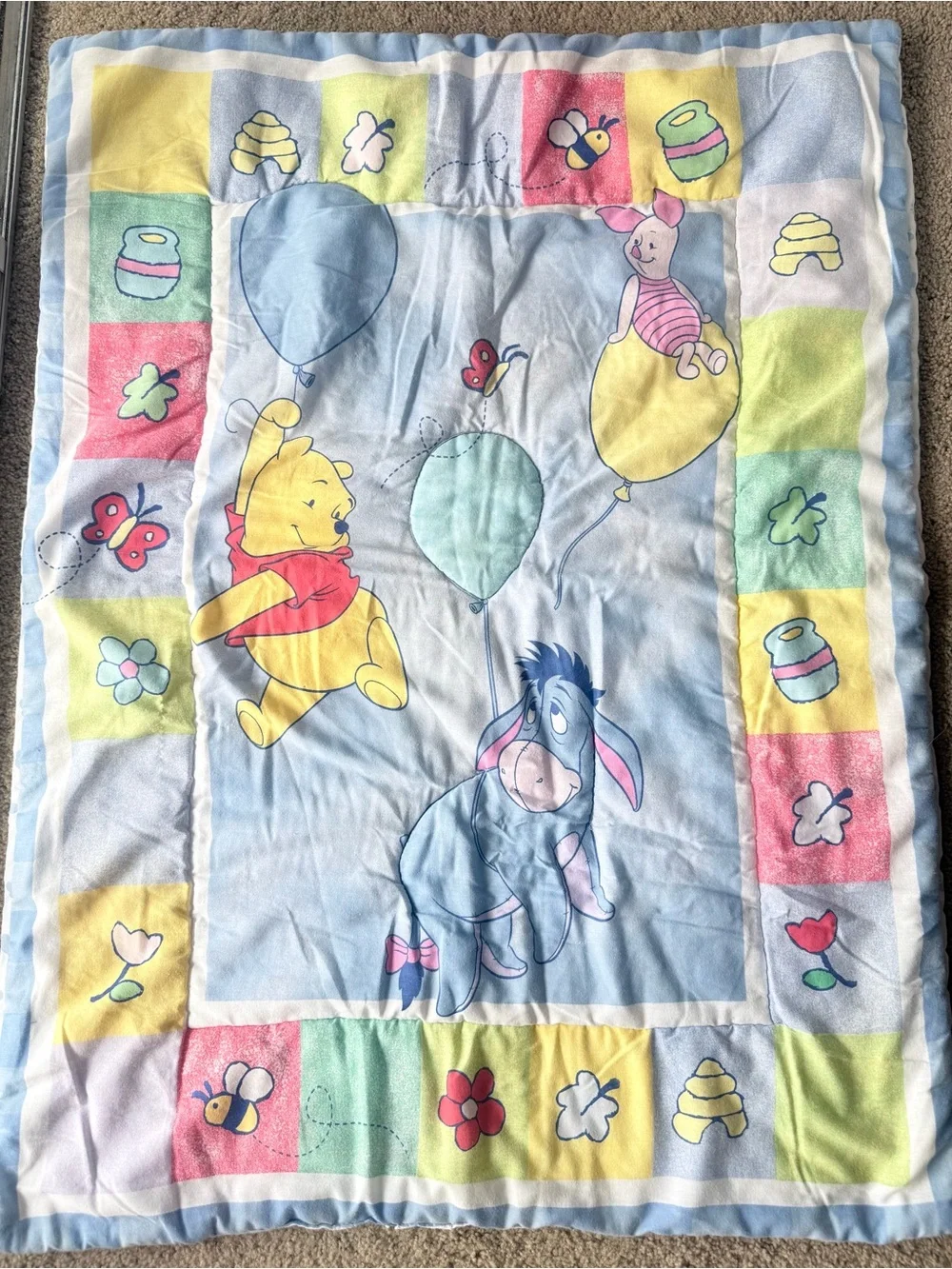 Vintage 90s Winnie The Pooh Baby Crib Bedding Quilt Blanket Disney